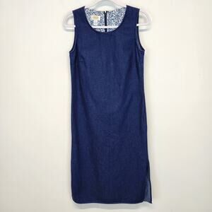Vtg Talbots Sleeveless Midi Dress Size 8P Blue Scoop Neck Slits 90s Teacher
